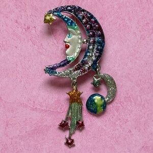 HANDMADE ARTISAN Brooch Celestial Sparkling Jewel Tone Glitter Bohemian